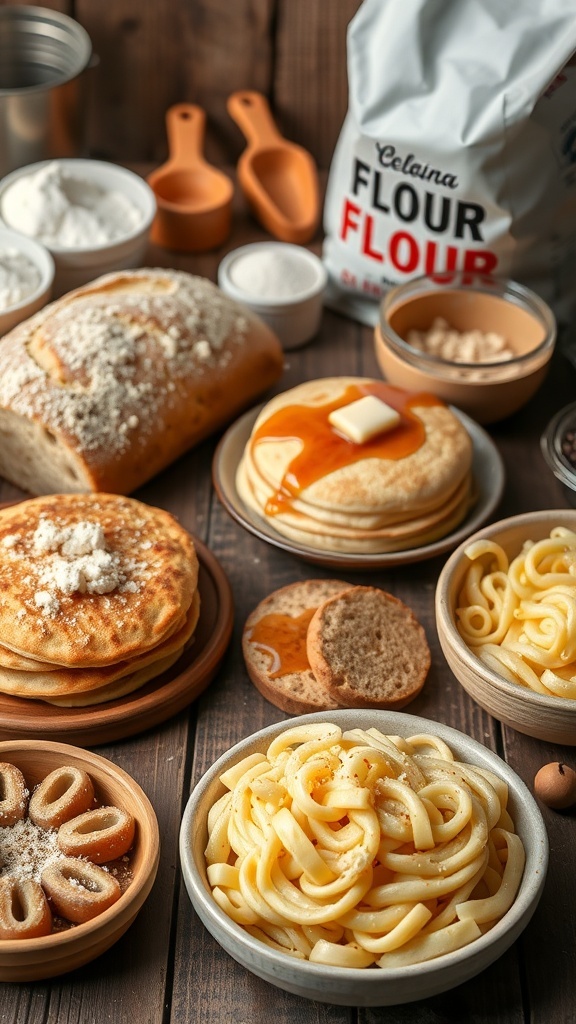 Versatile Flour-Based Recipes An assortment of flour-based dishes including bread, pancakes, and pasta on a wooden table.